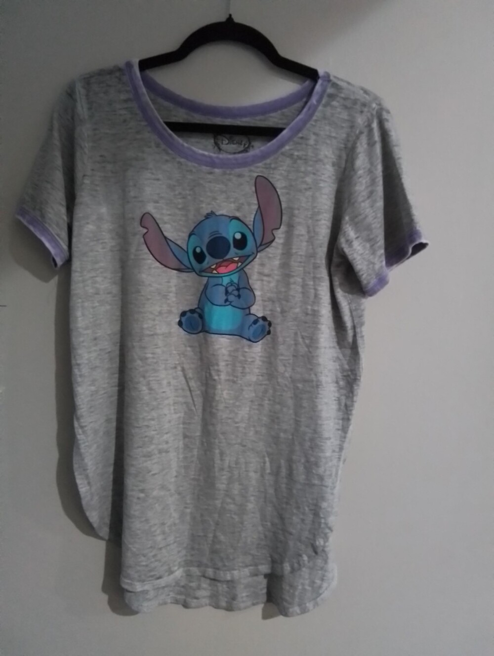 Disney Gray Tee with Blue Stitch and Purple Trim